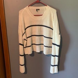 White and Navy Striped Cropped Sweater